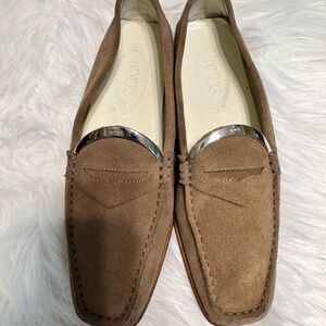 Tod's Brown Suede Loafers with Silver Accent